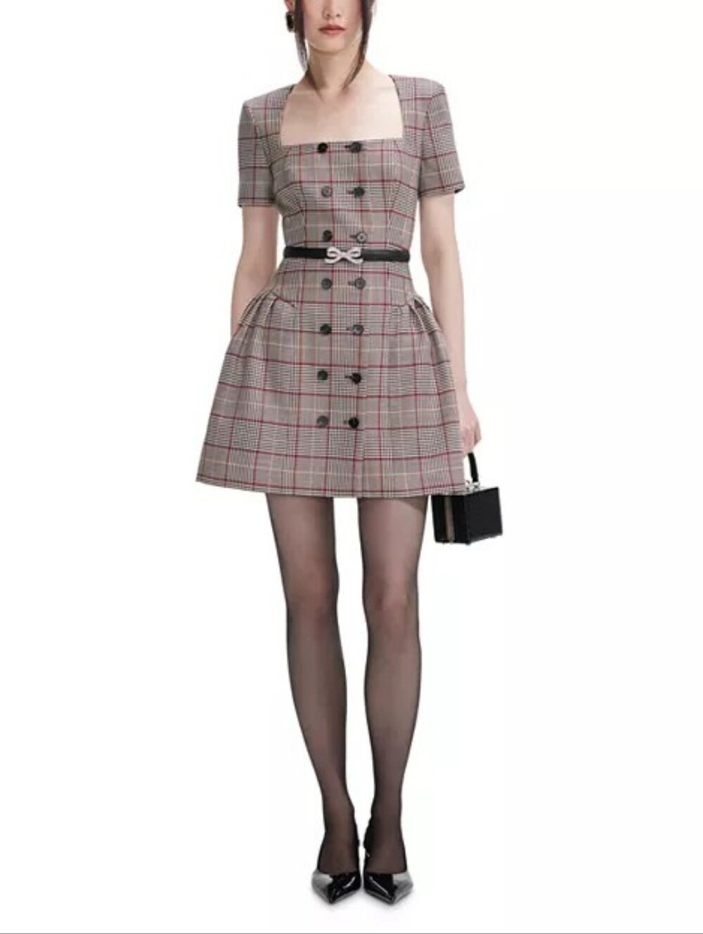 Self-Portrait Brown Check Short Sleeved Mini Dress